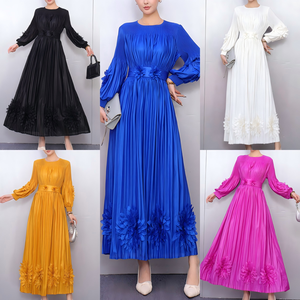 Robe plissée modeste pour femmes, robe décontractée simple de couleur unie avec ceinture, vente en gros, mode élégante, taille unique - Product Image 3