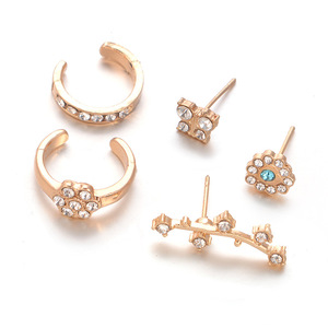 Pendientes de hoja tallada hueca bohemia de nuevo estilo europeo y americano con forma geométrica y incrustaciones de piedras preciosas Juego de orejas de 5 piezas - Product Image 5