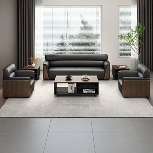 Juego de Sofás de Oficina Mibo, Cuero Genuino, Mesa de Centro de Madera Sólida, Tres Plazas, Área de Recepción y Reuniones - Product Image 1