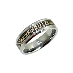 8mm High Polished Carbon Fiber Guitar Inlaid Sign Music Note Tungsten Engagement Rings