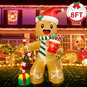Ourwarm 8ft Peperkoek Man Met Kerstmuts Geschenkdoos Led Lights Opblazen Tuin Decor, 8 Voet Hoge Bruine Kerst Opblaasbare