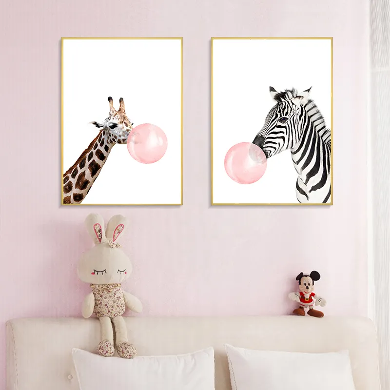 Bubble Chewing Gum Giraffe Zebra Animal Canvas Art Painting Nursery Wall Art Posters Print Picture Nordic Kid Bedroom Decor