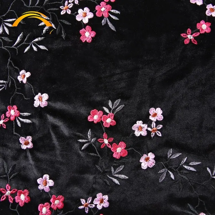 Hejin Tùy Chỉnh Chất Lượng Cao Tái Chế Polyester Flower In Đan Đen Quần Áo Áo Choàng Váy Nhung Satin Thêu Vải Lụa