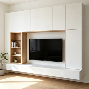 Meuble TV mural moderne et minimaliste en bois grainé avec rangement pour salon - Product Image 1