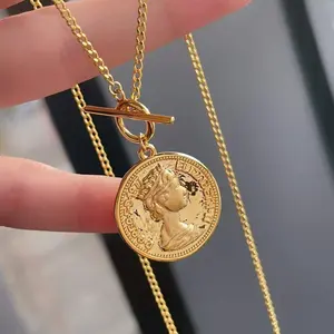 Xinfly Pure 18K joyería de oro vintage Queen Elizabeth Coin cadena de eslabones collar con colgante de doble cara con cierre OT