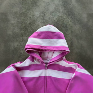 Sudadera con capucha pesada <span class=keywords><strong>rosa</strong></span> lavada de 350GSM 100% algodón con cremallera, personalizable OEM, para hombre, con raya, estilo crop, 1 pieza - Product Image 3