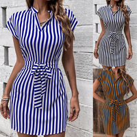 Nouvelle Robe Mi-Longue Rayée Décontractée à Col en V et Manches Courtes avec Lacets pour Femme Printemps/Été – Écologique, Respirante, Lavable, Naturelle