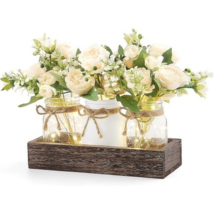 <strong>Rustic</strong> <strong>Wedding</strong> Mason Jar <strong>Centerpiece</strong> with LED Lights for Farmhouse Decor, Handmade Tray with Silk Flowers F-UA06 - Product Image 1