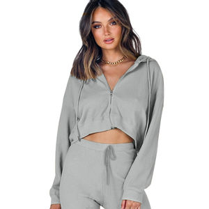 Ensembles 2 pièces personnalisés pour femmes, printemps, décontractés, couleur unie, haut court zippé, pantalon de jogging, capuche, respirant, tricot en polyester, imprimé - Product Image 4