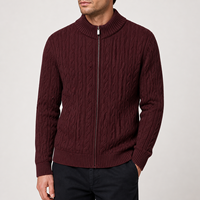 Cardigan en tricot pour homme, manches longues, fermeture éclair intégrale, col montant, motif torsadé vertical, bordeaux, personnalisé