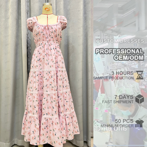 OEM Custom Boho abito floreale in cotone manica corta volant a-line Maxi abito stampa floreale Outing abito Casual da donna - Product Image 1