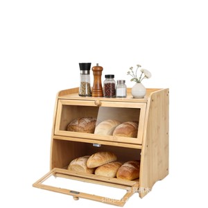 Bamboo Bread Box Double Layer Flip Top Transparent Window Storage Cabinet For <b>Kitchen</b> Bakery Use - Product Image 5