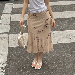 Jupe sirène vintage pour femme, taille basse, en mousseline de soie à imprimé floral, maille tricotée, moulante, décontractée et élégante, coupe queue de poisson - Product Image 1