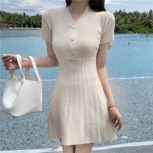 Vestidos <span class=keywords><strong>de</strong></span> punto con cuello en V, vestidos holgados <span class=keywords><strong>de</strong></span> manga corta para mujer, <span class=keywords><strong>vestido</strong></span> midi con volantes - Product Image 3