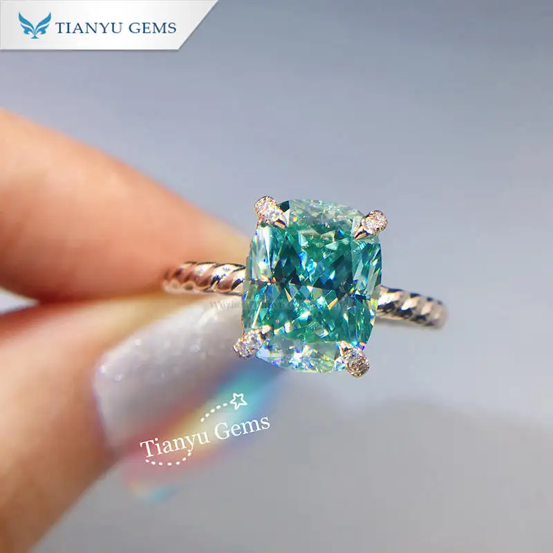 Tianyu Gems Personalized Rope Style 7x9MM Green Blue Moissanite Diamond Rose Gold Jewelry Ring