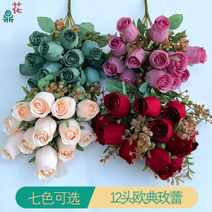 Bouquet de roses européennes à 12 têtes, fleurs artificielles en soie de 48cm de long, fleurs artificielles violettes pour la décoration de la maison, accessoires de photographie - Product Image 3