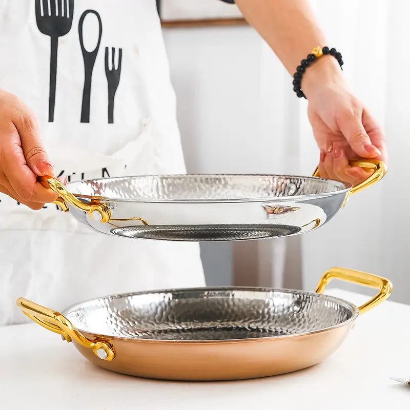 Cozinha Uso Diário Acabamento Brilhante Melhor qualidade de metal Fry Pan Latão Alças Duplas Forma Redonda Cobre Martelado Fry Pan