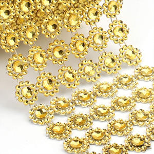 Nastro di maglia di strass di cristallo dorato a forma di fiore di plastica lucida a forma di fiore per decorazioni - Product Image 3