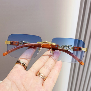Cheetah Decorated Wood Grain Frameless <b>Sunglasses</b> <b>Gradient</b> Color Unisex Retro Metal UV400 Protection - Product Image 1