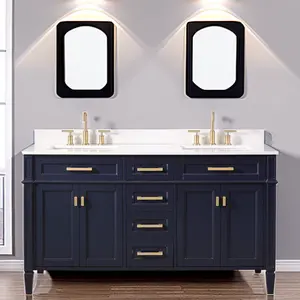 Tocador de baño de estilo moderno, de gran tamaño doble lavabo, con mango dorado, tocador superior de mármol de 60 pulgadas