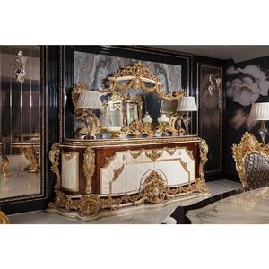 משפחת המלוכה אוכל חדר ריהוט סט יוקרה עתיק זהב מוצק עץ מגולף יין ארון עם זכוכית דלתות - Product Image 3