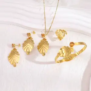 Green Gemstone Zircon Leaf Necklace Set 18K Gold Plated Stainless Steel 4 PCS Set Couple Cubic Zirconia Jewelry Set For Women