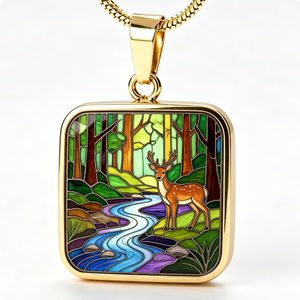 Colgante Rectangular Chapado en Oro con Escena de Ciervos en el Bosque, Artesanía Metálica con Temática Animal y Esmaltado - Product Image 5