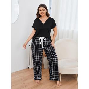 Ensemble de pantalons de détente pour femmes en gros, manches courtes, grandes tailles, printemps-été, vêtements d'intérieur, broderie logo - Product Image 3