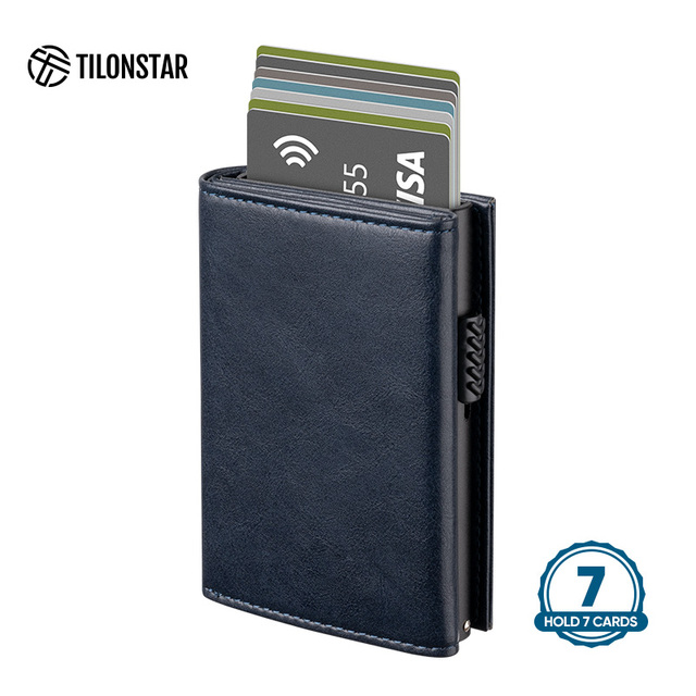 TILONSTAR Custom Logo Business Fashionable Aluminum Leather Minimalist RFID Pop up Credit Card Holder Wallet
