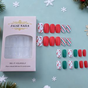 Presse de Noël sur les ongles Ongles de cercueil moyen Mat Rouge Vert Colle sur les ongles Candy Cane Press on Full Cover Stripe Faux ongles - Product Image 2