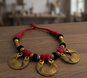 Ensemble Collier et Boucles d'Oreilles Premium en Cordon de Tissu Rouge et Noir Oxydé, Gouttes Métalliques, Bijoux Ethniques Traditionnels pour Femme, Idéal pour Fiançailles et Usage Quotidien - Product Image 1