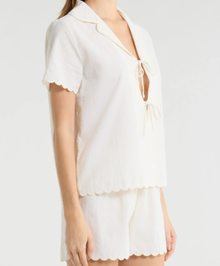 Ensemble pyjama décontracté rayé pour femme, bord festonné, manches courtes, short, ensemble confortable pour la maison, pyjama deux pièces, vêtements de nuit doux - Product Image 2