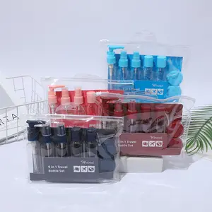 مجموعة أوعية زجاجات بلاستيكية للسفر مخصصة شعبية تسليم سريع 9 قطع مع بخاخ مضخة لوشن في حقيبة بلاستيك