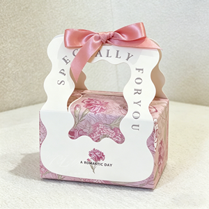 Boîte cadeau portable personnalisée avec poignée, boîte à dragées florale rose avec nœud en ruban, emballage pliable pour bonbons de mariage - Product Image 2