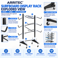 Support de présentation autoportant pour planches de surf OEM, présentoir métallique multicouche mobile pour planches de paddle avec roulettes