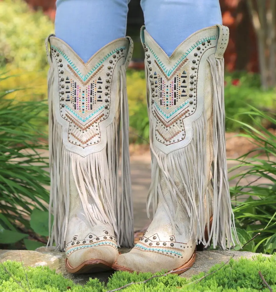 Vintage Boho embroidered leather western cowgirl ladies boots fringe women long boots shoes for girls
