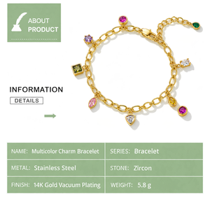 Bracelet à breloques en zircon multicolore, acier inoxydable, plaqué or 14 carats, chaîne à maillons ovales ouverts - Product Image 2