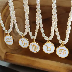 Collar Zodiacal Natural Opal Pearl Necklace Delicate Mother of Pearl Round Coin 12 Zodiac Signs Pendant Necklaces