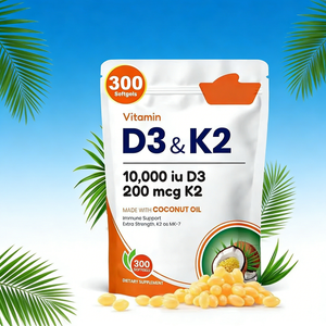 כמוסות ג'ל רכות של ויטמין D3 K2 טבעוני למבוגרים, מועשרות בשמן קוקוס, 500 מיליגרם, 300 יחידות, תומכות בספיגת סידן ובריאות העצם (OEM/ODM) - Product Image 1