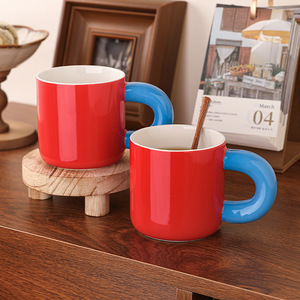 Chubby <b>Ceramic</b> Mug Red Blue Color Blocked Large Capacity Ear Handle Coffee <b>Cup</b> Water <b>Cup</b> Modern Design Gift For Hotel Business - Product Image 1