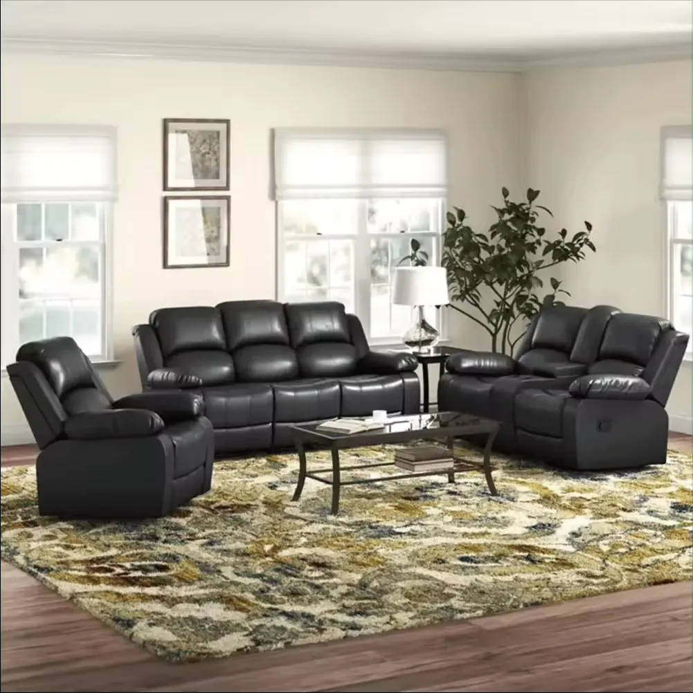 Luxurious Customized Microfiber Fabric Power Black Genuine Leather Recliner Sofa Set