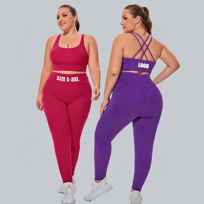 Women Seamless S-3XL Plus Size Cross Back Fitness Sport High Waist Support Yoga Clothes Workout Bra Tank Crop Top Leggings Set