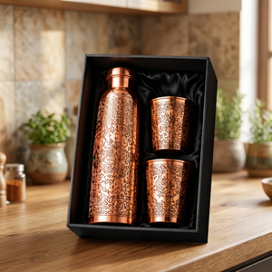 Juego de Botella de Agua de Cobre Tradicional con 2 Tazas, Frasco Oriental Grabado, Caja de Regalo, Regalo Empresarial Portátil - Product Image 1