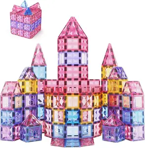 Sıcak satış 58 adet pembe renk DIY 3D manyetik bina fayans prenses mıknatıs kale yapı taşları fayans oyuncaklar OEM ASTM CPC