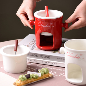Taza <span class=keywords><strong>de</strong></span> cerámica para fondue con calentador <span class=keywords><strong>de</strong></span> vela, olla para derretir chocolate y queso, tazón <span class=keywords><strong>de</strong></span> postre con doble asa, venta al por mayor para restaurantes. - Product Image 3