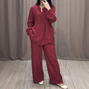 Fall Women's Comfortable Cotton-Linen Blend Long-Sleeve Top & Casual Drawstring Wide-Leg <b>Pants</b> 2-Piece Set Fashion - Product Image 3