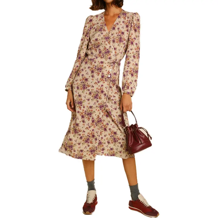 कस्टम पुष्प मुद्रित वी-गर्दन मिडी चाय की पोशाक, विंटेज शैली के अद्वितीय महिला कपड़ों से सुसज्जित