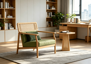 Chaise de salon scandinave en bois avec assise rembourrée verte et dossier en rotin, mobilier moderne pour la maison - Product Image 6