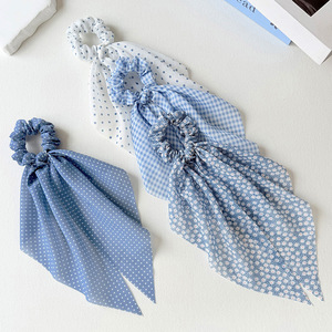 Fresh <b>Light</b> Blue Gingham Ditsy Floral Print Hair Scrunchies Long Ribbon Elastic Hair Bands Girls Daily Casual Styling Hair <b>Ropes</b> - Product Image 3