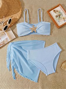 Children Spaghetti Strap Bikini Set Golden Starfish Detail Mesh Wrap <strong>Skirt</strong> Beach <strong>Swimming</strong> <strong>Costume</strong> - Product Image 1